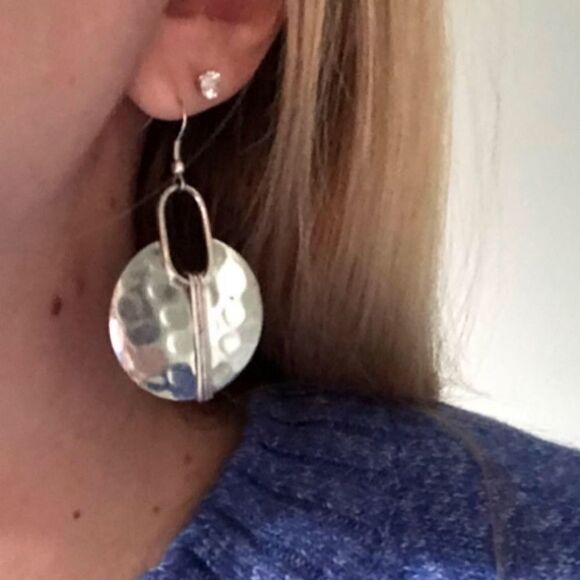 Hammered Boho Silver Circle Earrings - Picture 3 of 4